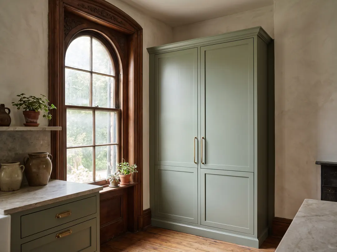 Original arched window with carved wood casing beside a full-height sage green pantry cabinet
