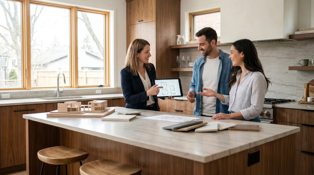 Architecte qui présente des plans à un couple à l'îlot de cuisine moderne