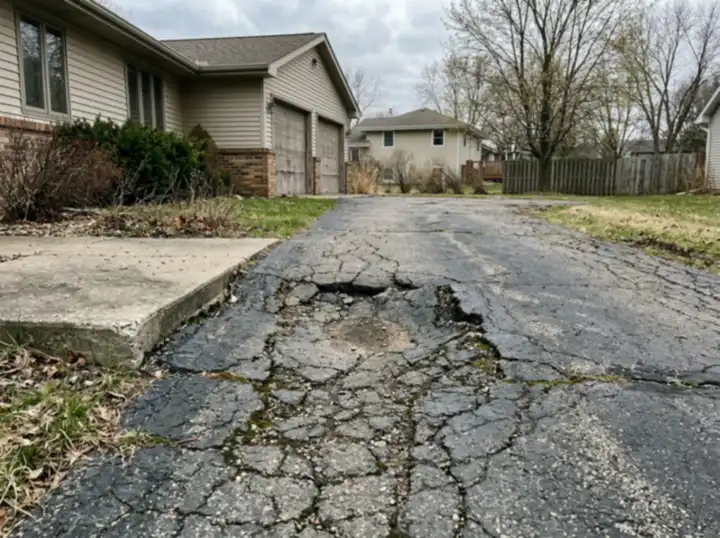 Entrée d'asphalte fissurée avec nid-de-poule et affaissement près du garage, début de printemps