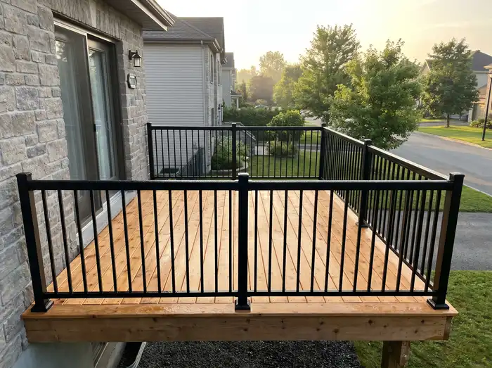 Balcon neuf en cèdre avec garde-corps moderne en aluminium noir sur maison de banlieue