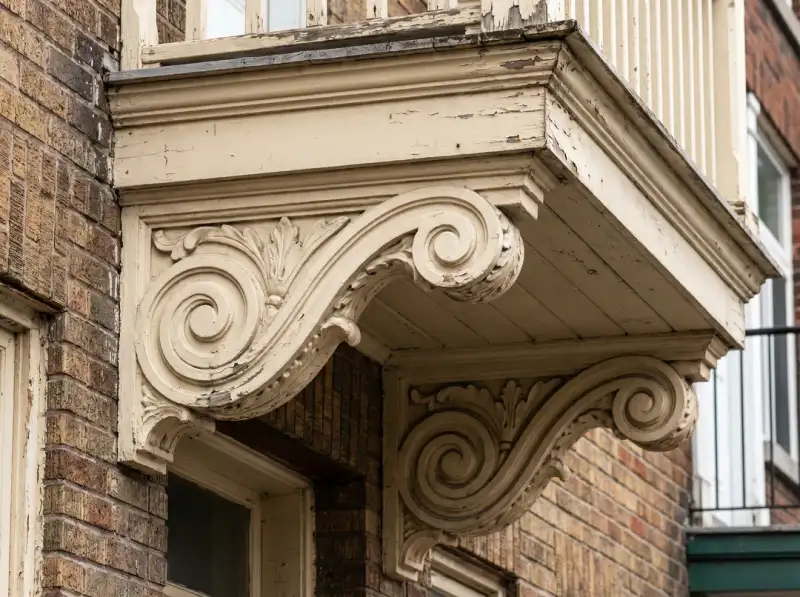 Detail of a white balcony bracket with scrolls and acanthus leaves