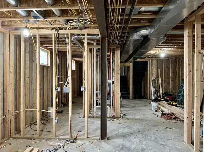 Basement mid-construction with steel column, exposed studs, rough-in electrical wiring and HVAC ductwork