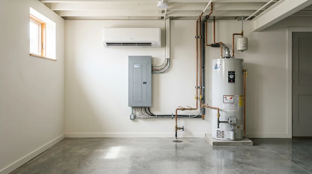 Clean Quebec basement mechanical room with white wall heat pump, electric water heater and modern electrical panel.