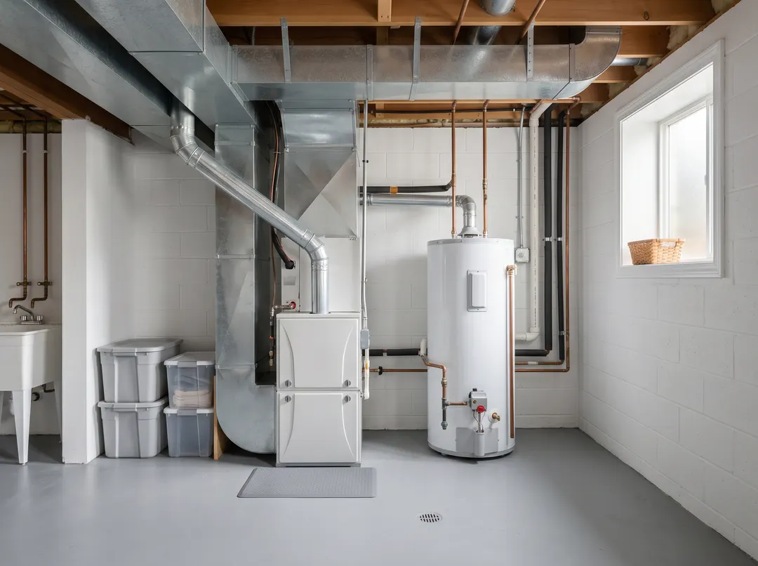 Basement utility room with white furnace, water heater, galvanized HVAC ductwork and exposed copper plumbing