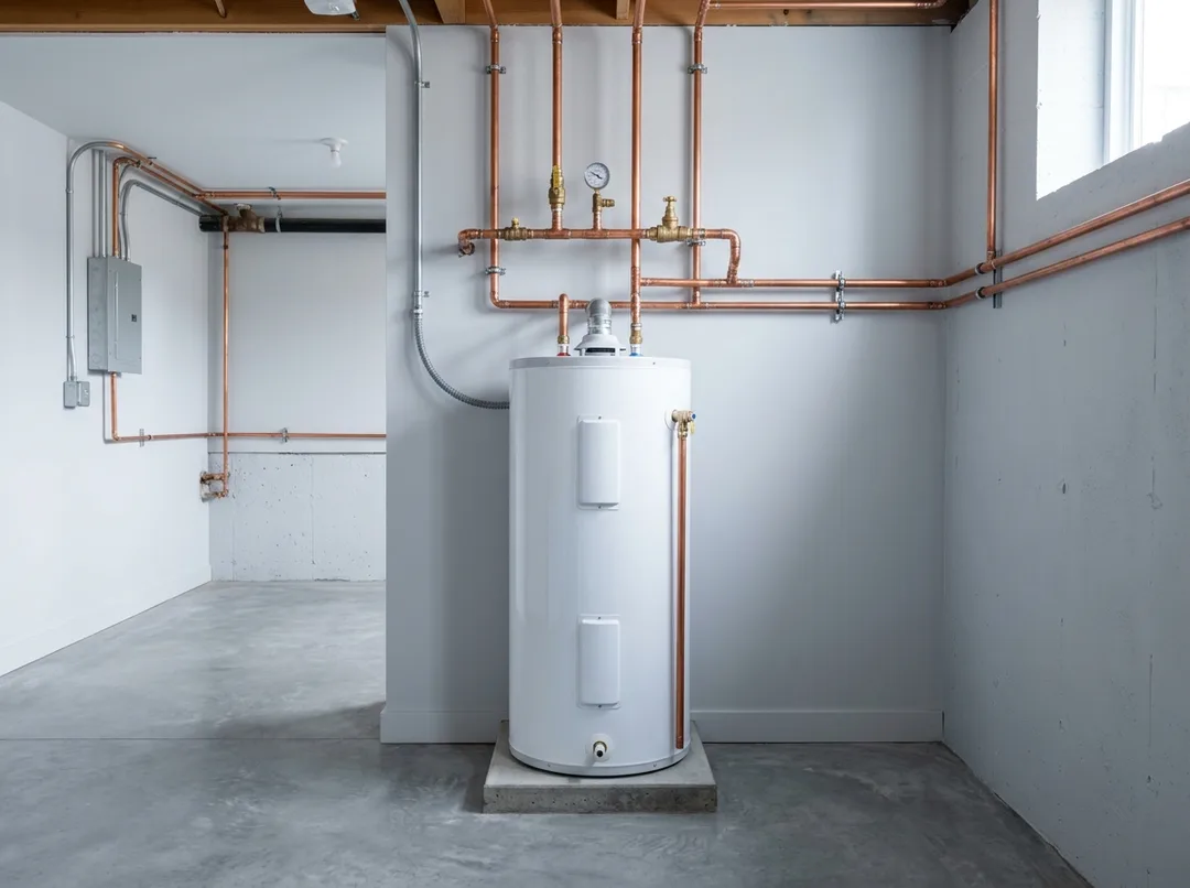 White electric water heater and copper piping in a tidy basement mechanical room