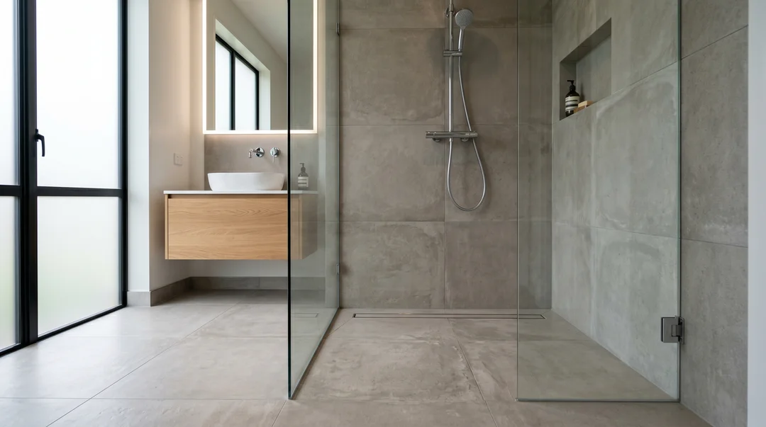 Minimalist bathroom with curbless walk-in shower, large-format grey concrete-look tiles, glass panel and floating wood vanity