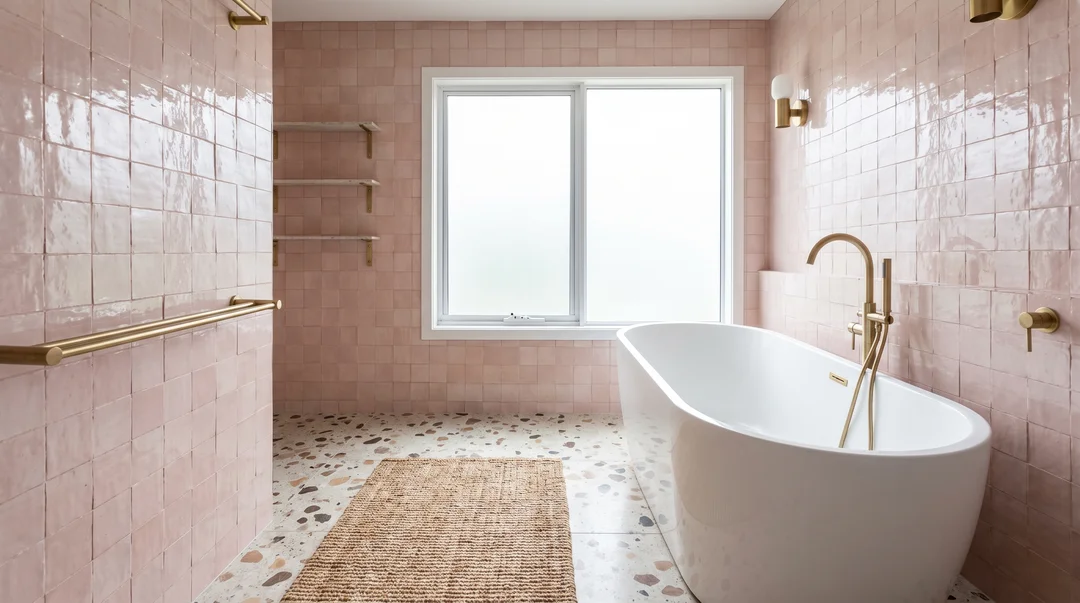 Bathroom in dusty pink zellige with a terrazzo floor, white freestanding tub and brass fixtures
