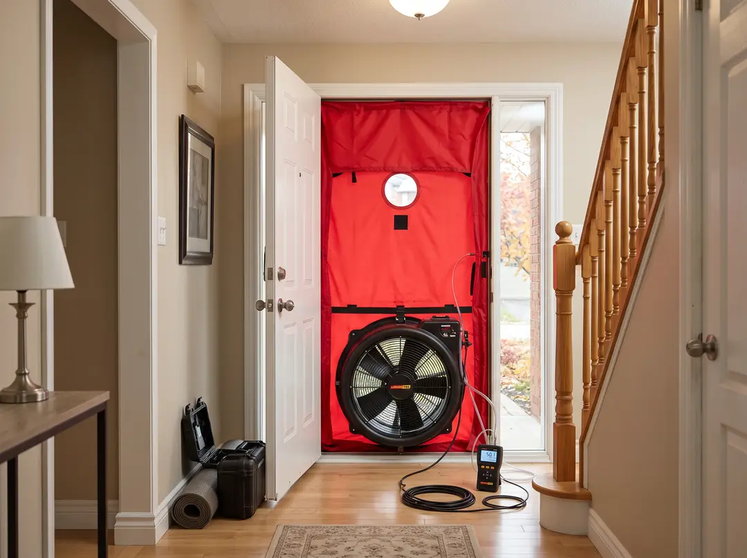 Red blower door fan installed in a Quebec home entryway during an EnerGuide assessment.