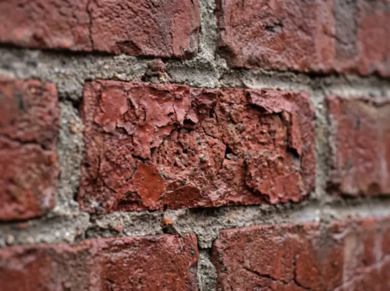 Gros plan d'une brique rouge ancienne dont la face s'écaille entre des joints de mortier