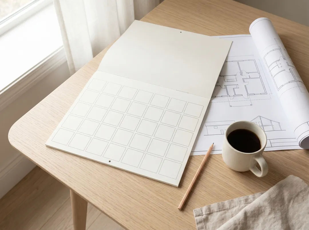 Vue en plongée d'un calendrier de planification, plans architecturaux roulés, tasse de café et crayon sur table de bois clair, lumière naturelle douce