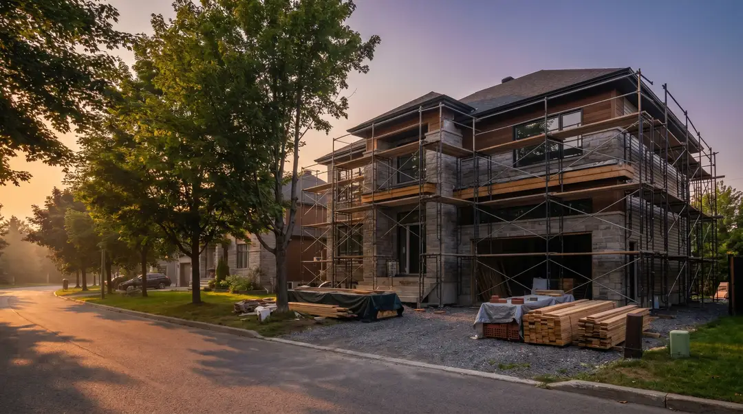Chantier de construction résidentielle au Québec avec échafaudage vide, matériaux empilés et lumière de fin d'après-midi en été, sans travailleurs visibles