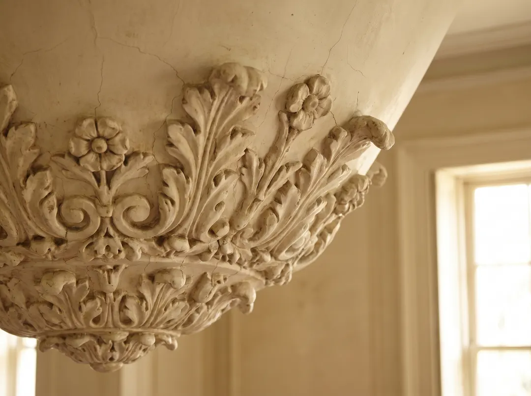 Détail d'un chapiteau de plâtre orné de feuilles d'acanthe et de rosettes