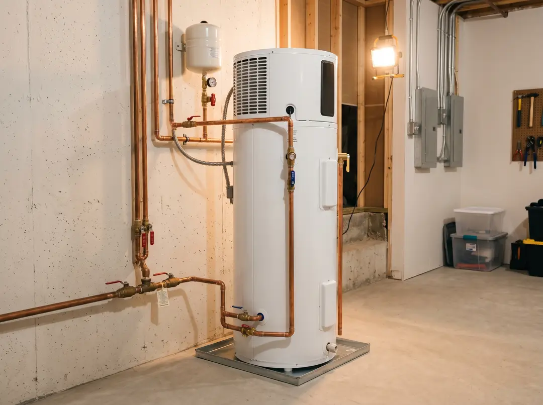 Chauffe-eau thermopompe électrique blanc dans un sous-sol résidentiel québécois, raccords en cuivre visibles.
