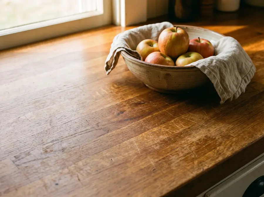 Comptoir en bloc de boucher de chêne huilé, bol de pommes en céramique près de la fenêtre