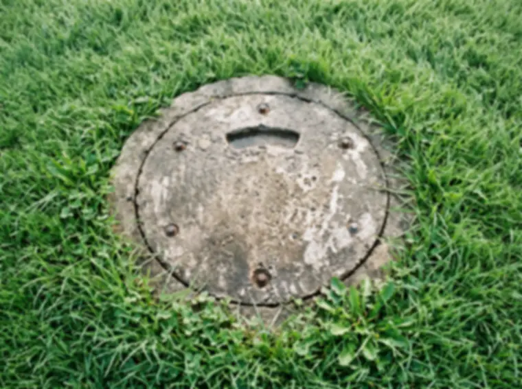 Concrete septic tank lid sitting flush in a green lawn