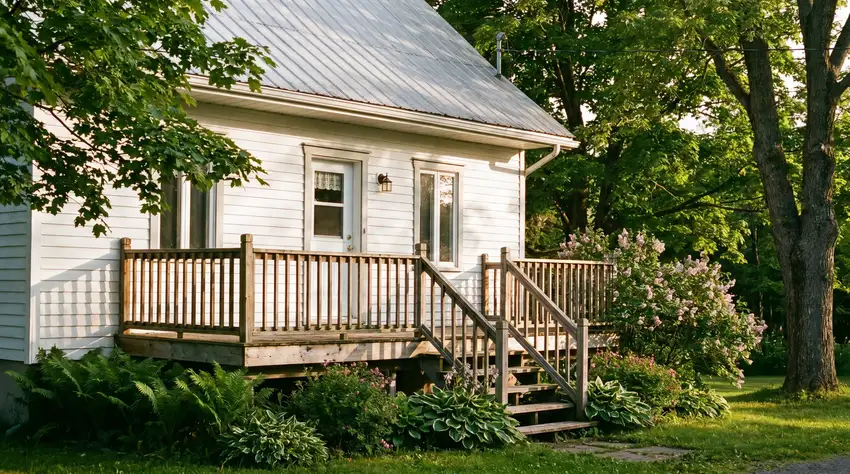 Cottage québécois blanc avec balcon en bois traditionnel et lilas en fleurs au printemps
