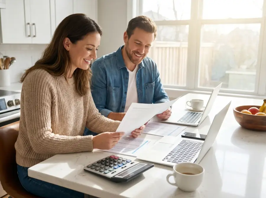 Couple reviewing financing documents with calculator at kitchen island