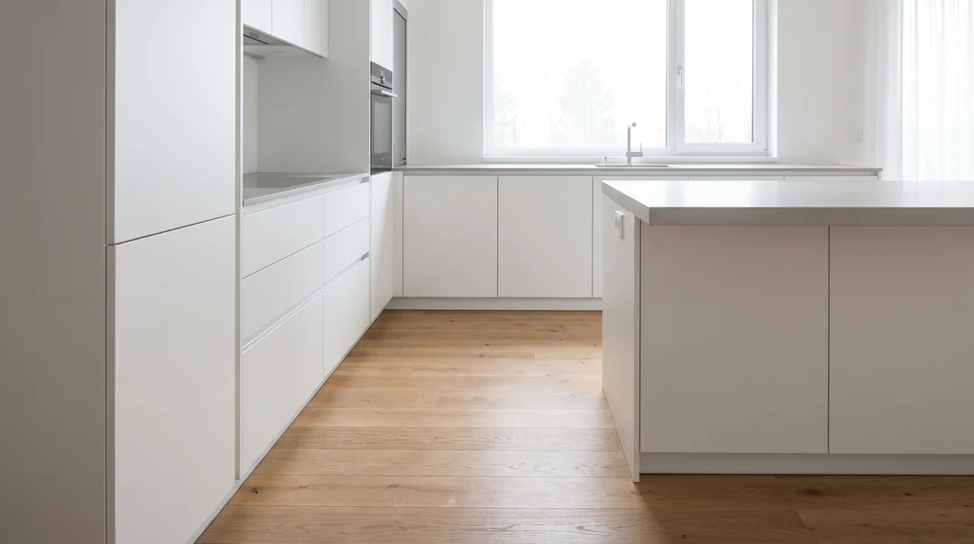 Cuisine moderne blanche minimaliste avec plancher de bois clair et grande fenêtre