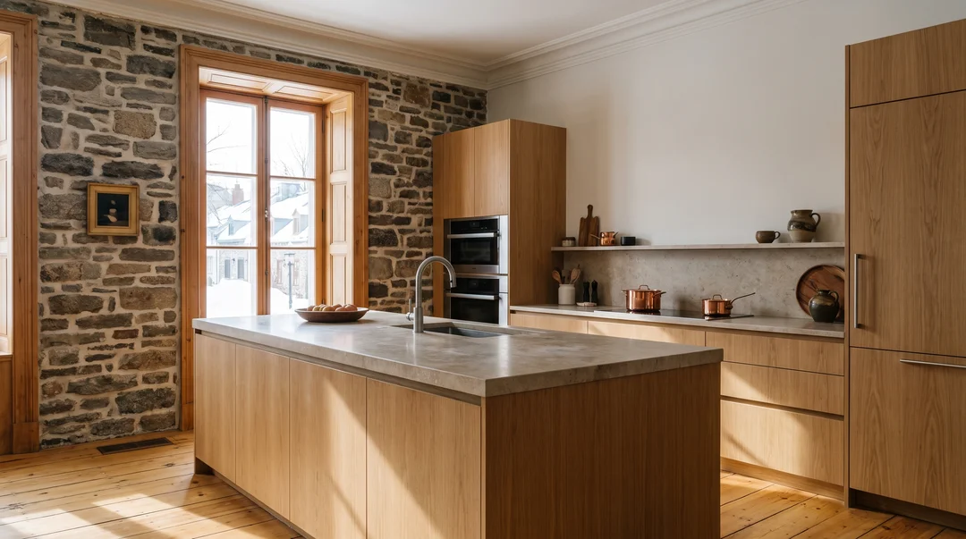 Cuisine moderne en chêne dans une maison ancienne de pierre, plancher de pin à larges planches et fenêtre à battants donnant sur une rue enneigée