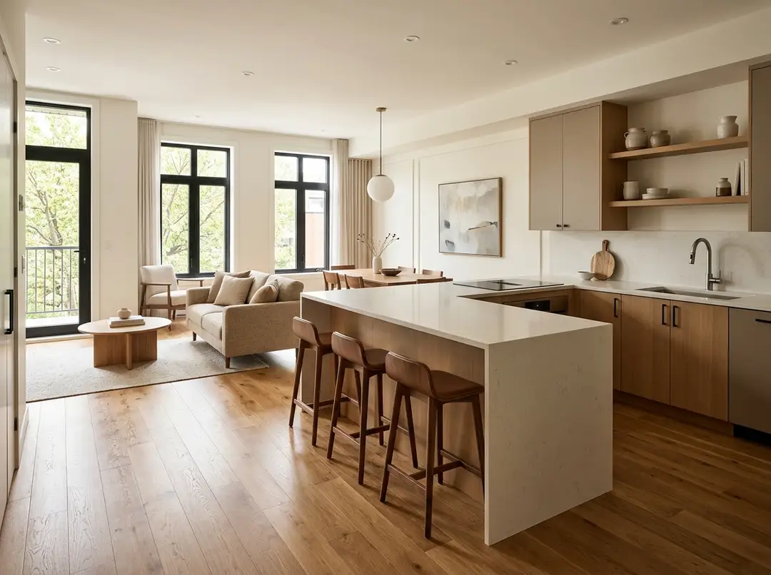 Cuisine ouverte lumineuse d'un logement intergénérationnel avec îlot et tabourets en bois, salon adjacent, palette neutre et bois clair