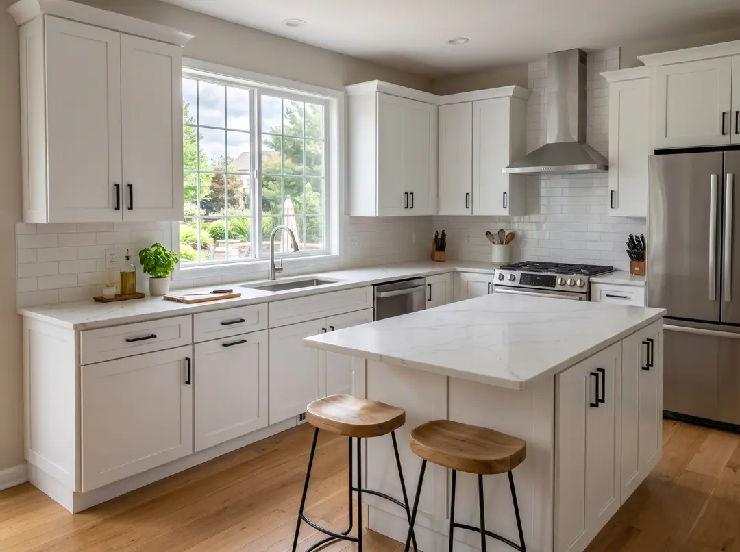 Cuisine shaker blanche moderne avec armoires shaker, comptoir en quartz blanc, quincaillerie noire, électroménagers inox et îlot central avec tabourets en bois
