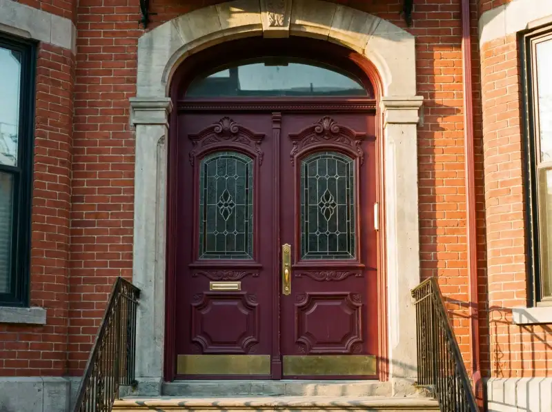 Porte d'entrée victorienne avec imposte en vitrail et colonnes de pierre