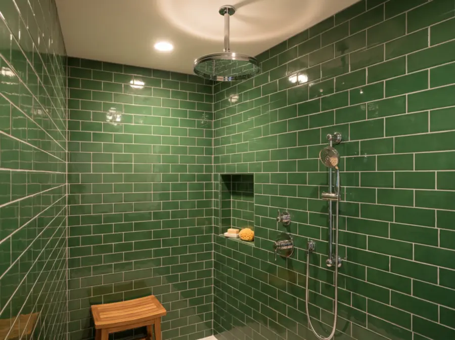 Douche entièrement revêtue de carreaux rectangulaires vert forêt brillants, joints blancs et pomme de douche chromée