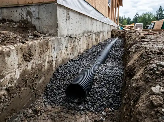 Drain français en cours d'installation au pied d'une fondation béton, tuyau noir perforé entouré de gravier concassé