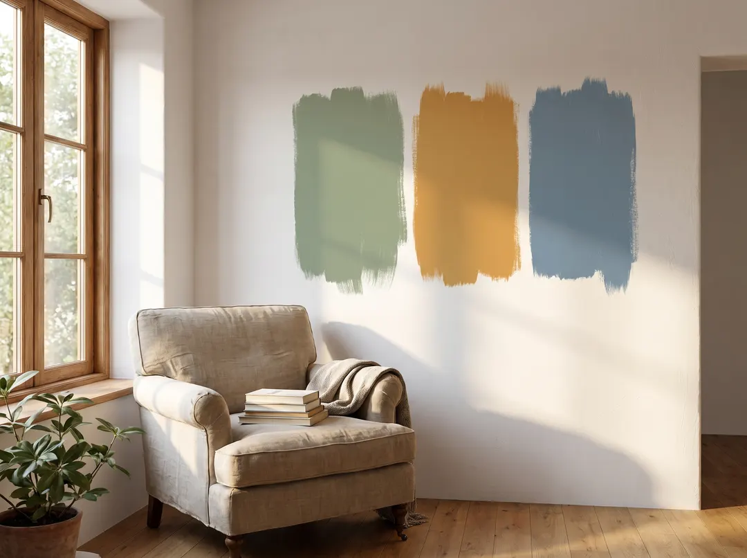 Pièce lumineuse avec trois grands échantillons de peinture vert sauge, ocre et bleu sur un mur blanc, fauteuil en lin près de la fenêtre