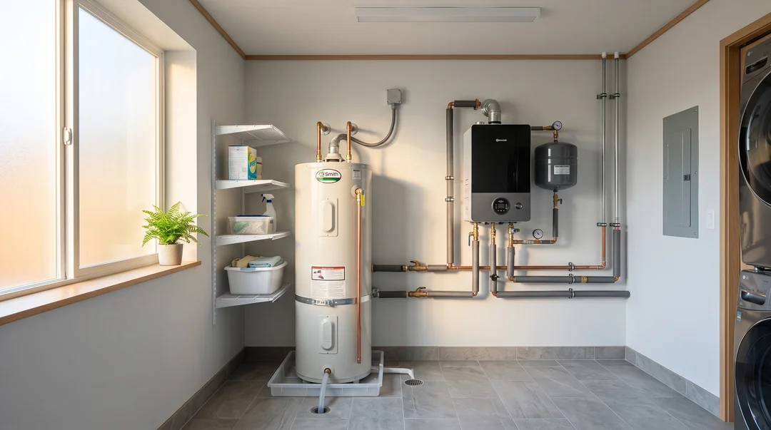 Modern residential mechanical room with white electric water heater and wall-mounted gas water heater, clean copper plumbing, adjacent laundry area
