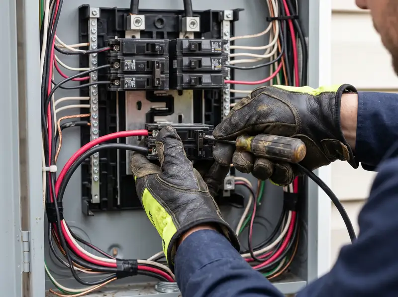 Gloved hands of an electrician wiring a 240V breaker inside an open residential electrical panel.