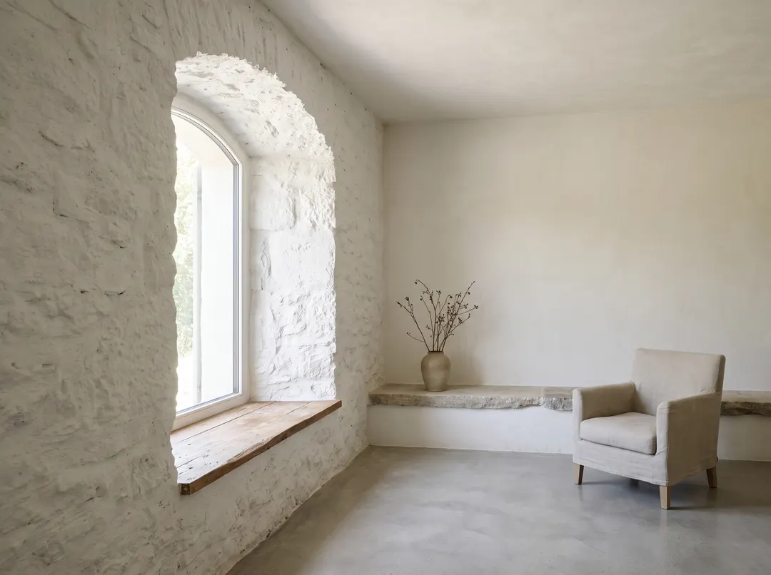 Embrasure profonde d'une fenêtre dans un épais mur de pierre blanchi à la chaux, intérieur épuré avec fauteuil de lin.