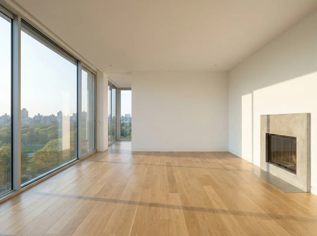 Empty modern living room with large windows and hardwood floor