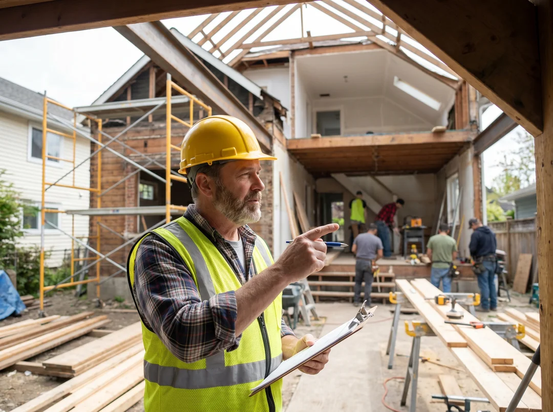 Entrepreneur avec casque et planchette sur un chantier de rénovation résidentielle