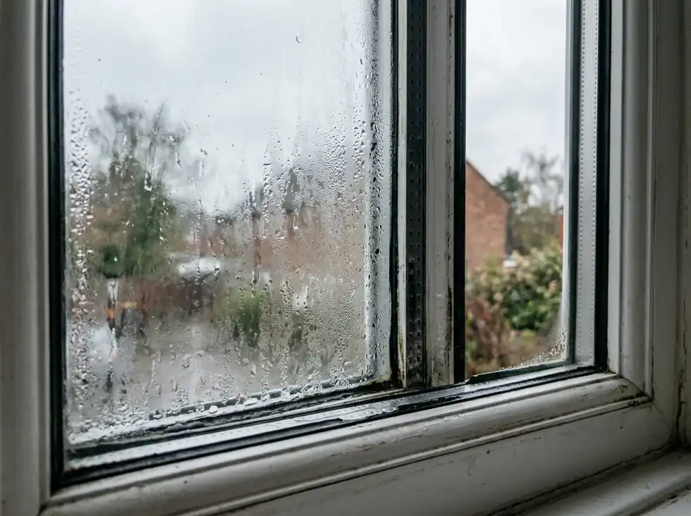 Fenêtre avec condensation abondante sur la vitre et cadre de bois usé par les années