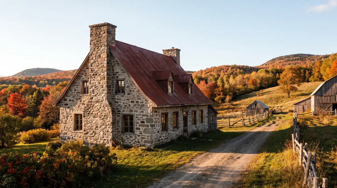 Old fieldstone farmhouse with a red metal roof in the Charlevoix countryside in autumn.