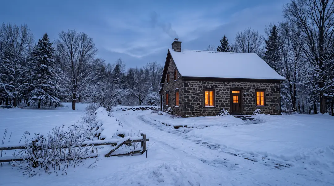 Old fieldstone house in fresh snow with glowing windows at dusk