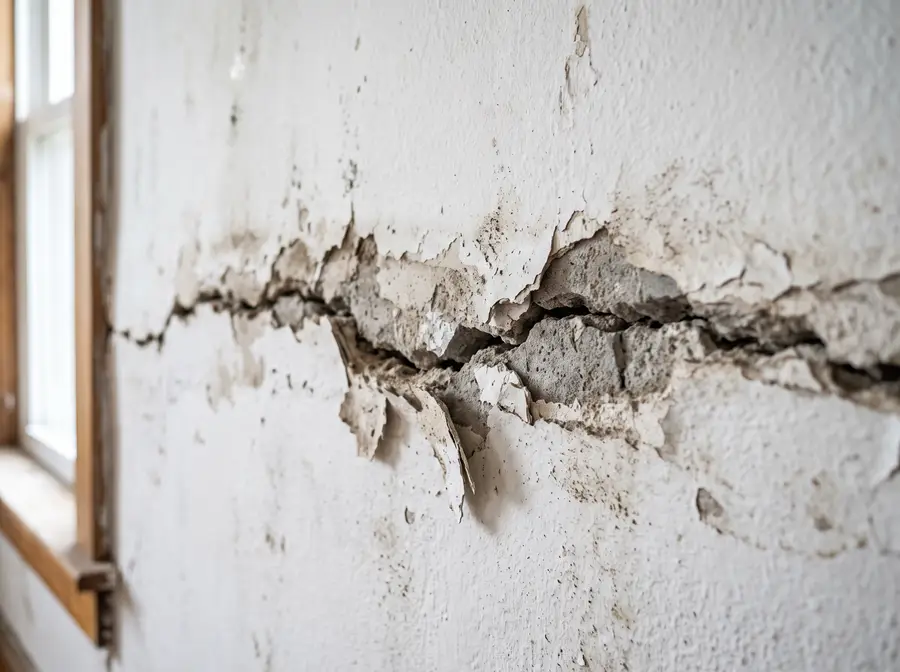 Gros plan d'une fissure horizontale structurale sur un mur intérieur blanc avec peinture qui s'écaille et plâtre apparent, lumière naturelle d'une fenêtre