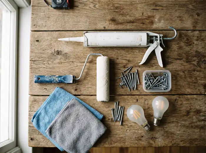 Flat-lay de matériel d'entretien sur table en bois patinée, pistolet à mastic, rouleau de peinture, vis, ampoules LED et chiffons microfibre