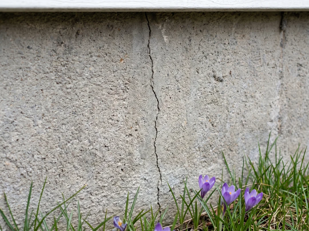 Vertical crack in a foundation wall with crocuses in spring
