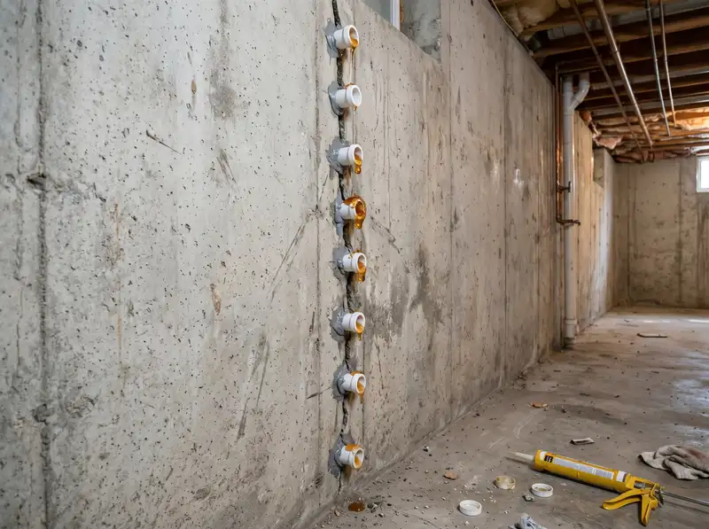 Concrete foundation wall with vertical crack and aligned white injection ports, visible polyurethane resin