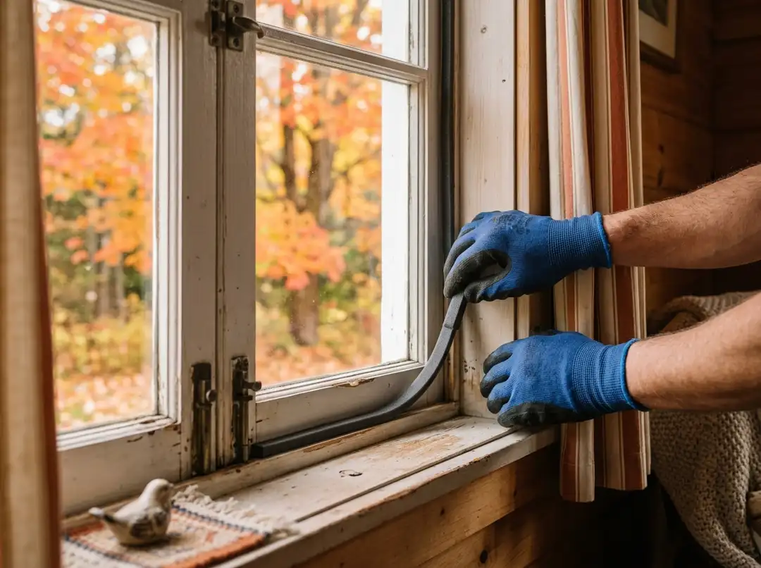 Gloved hands applying weatherstripping to a wooden window frame with autumn leaves visible through the glass