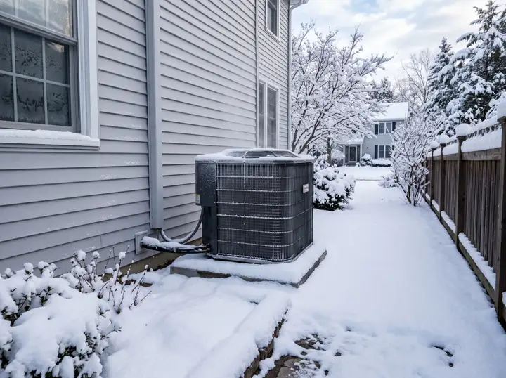 Outdoor heat pump condenser dusted with fresh snow next to a Quebec residential home.