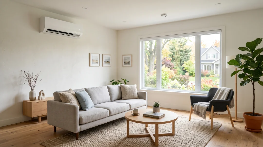 Modern wall-mounted heat pump indoor unit in a clean Quebec living room.