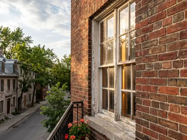 Old double-hung wood window with ornate stone surround on heritage brick building