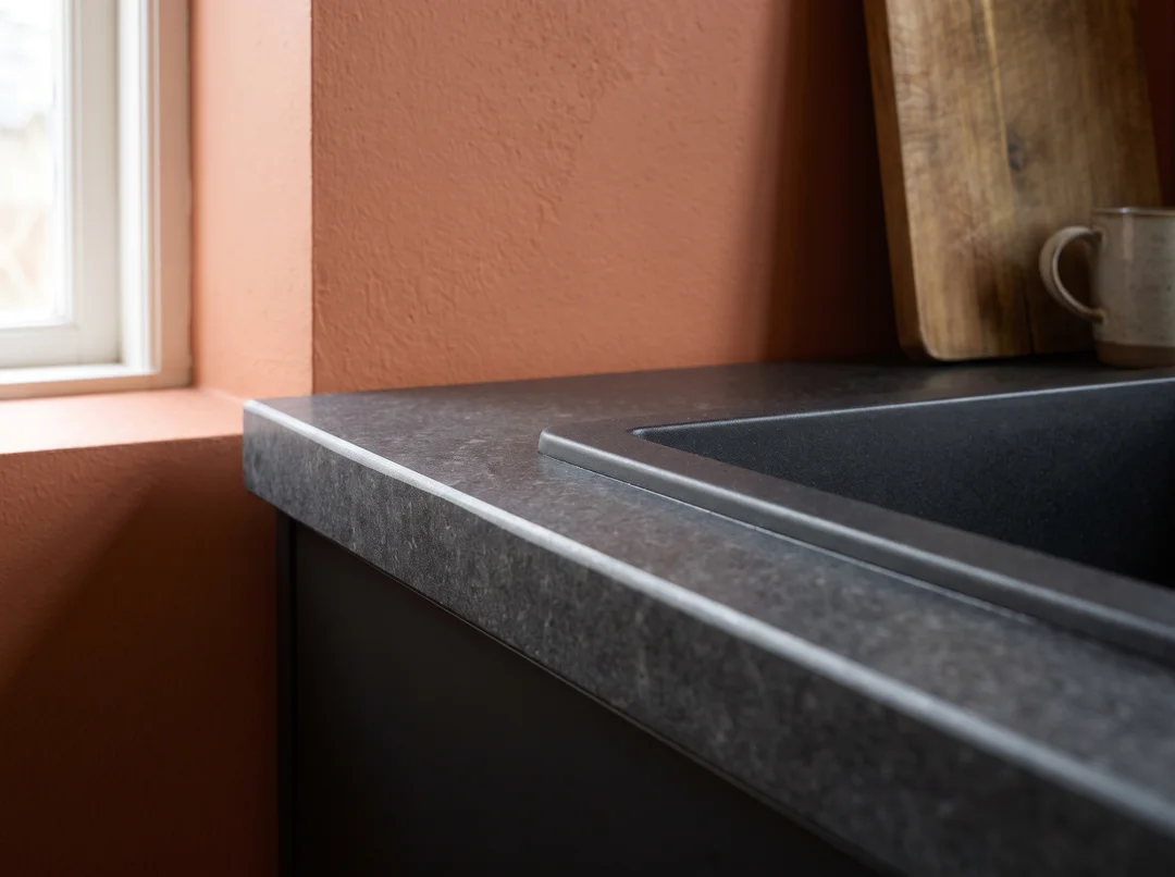 Matte honed black granite countertop with an undermount black sink against a terracotta wall
