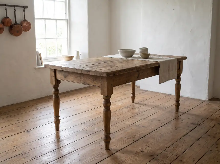 Îlot de cuisine traité comme une table de ferme en bois sur un plancher de pin à larges planches, murs de plâtre blanc