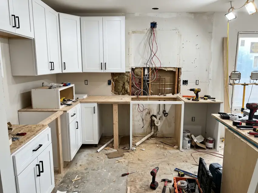 Cuisine en chantier avec armoires blanches installées sans comptoir, plomberie et électricité apparentes, outils au sol