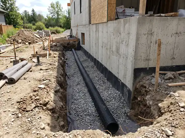 Tranchée d'excavation le long d'une fondation en béton avec drain français perforé noir posé sur pierre concassée grise, membrane bitumineuse noire sur le mur, chantier de construction résidentielle