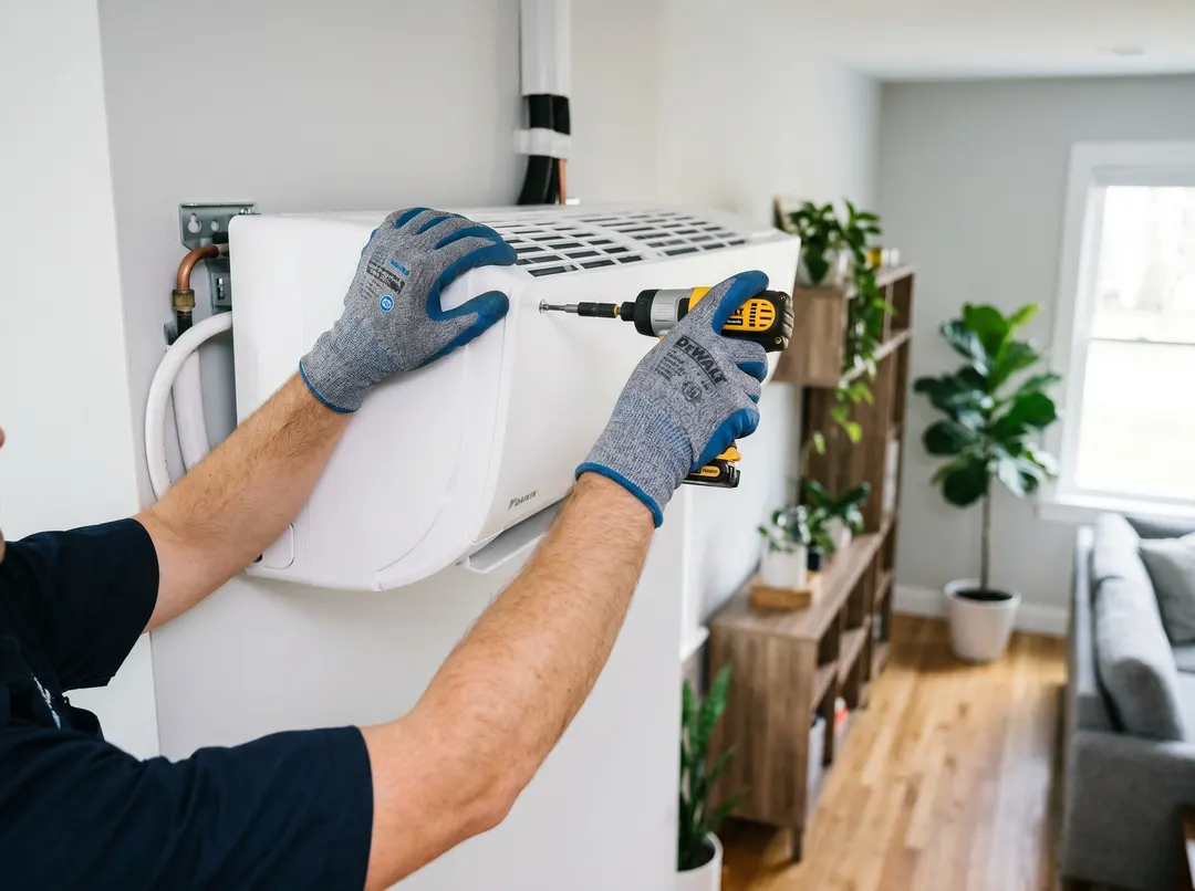 Mains gantées d'un installateur fixant une thermopompe murale dans un intérieur clair, perceuse en main.